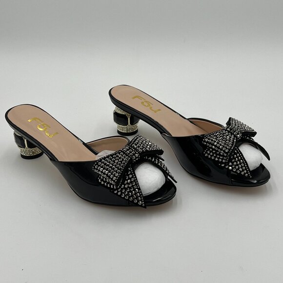 FSJ Black Luxury Crystal Chunky Heel Mules Rhinestone Bow Peep Toe Dress Shoes - Picture 4 of 7
